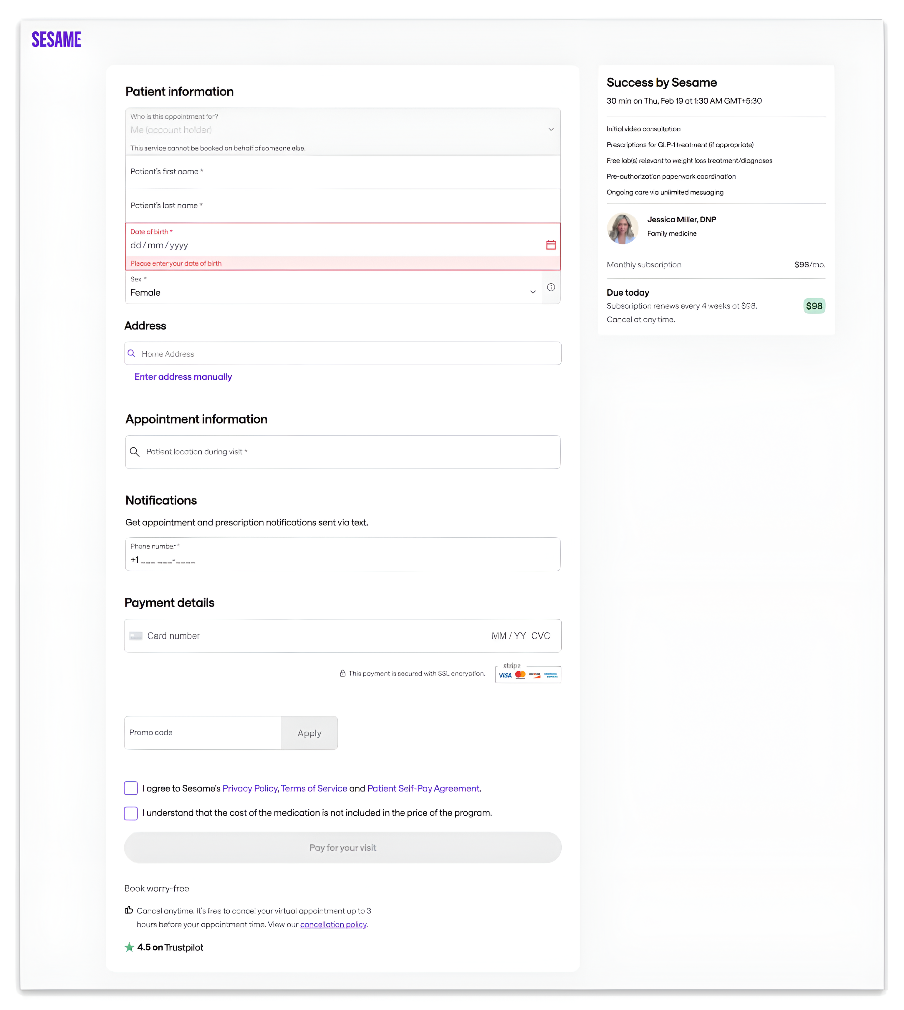 checkout page of sesame care